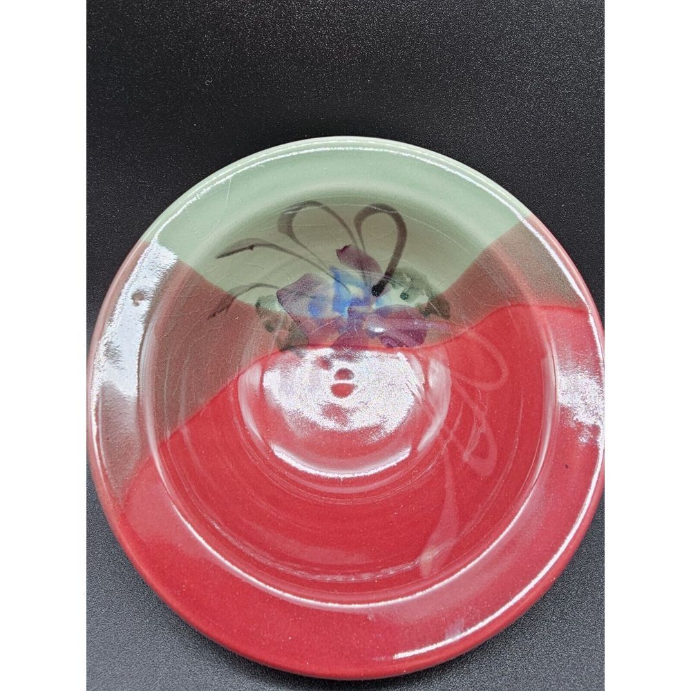 Kent Follette Art Pottery Cranberry Red Green Flower 5" Bowl Signed